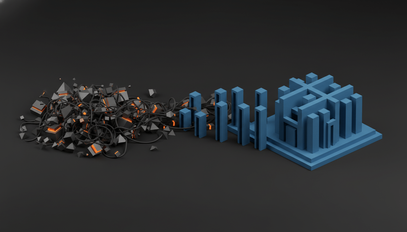 Ilustración abstracta de un escritorio caótico con documentos desordenados transformándose en uno ordenado, con un reloj al fondo.