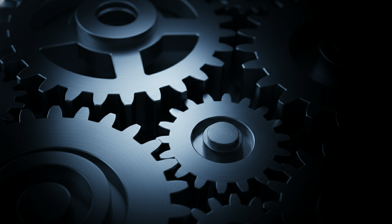 Imagen de un engranaje perfectamente encajado en un sistema mayor, simbolizando un negocio sistematizado y autónomo. Con el logo de RAUVIA y llamada a la acción.